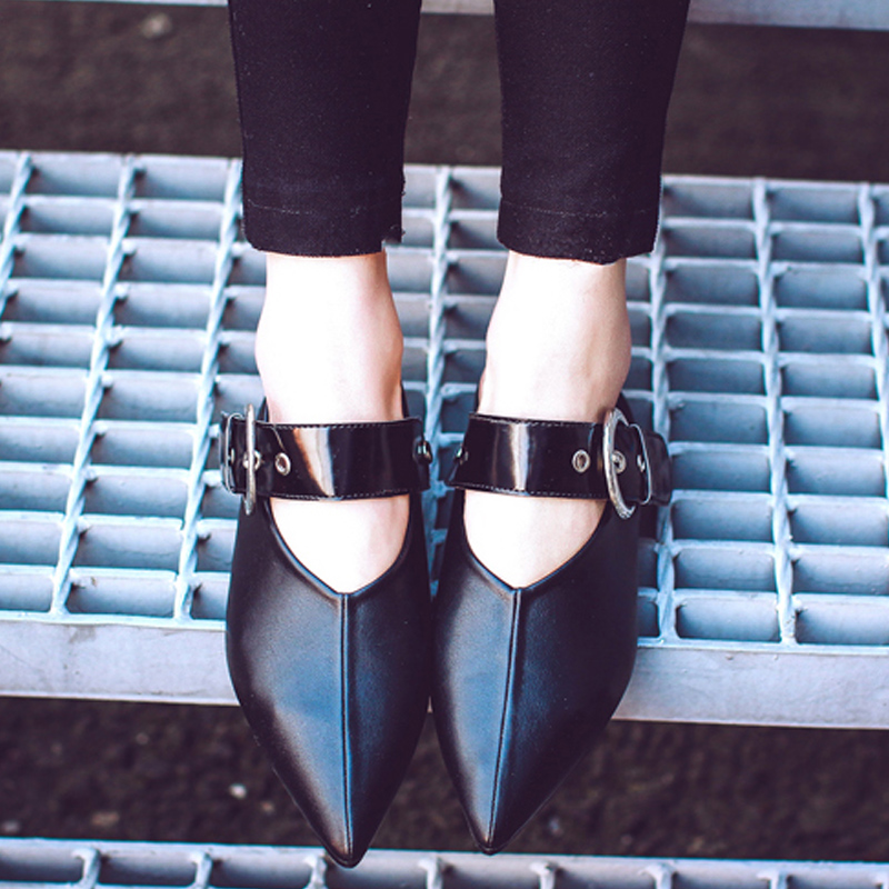 2016春季欧洲站时尚女式欧美风真皮浅口平底单鞋黑色平跟尖头女鞋