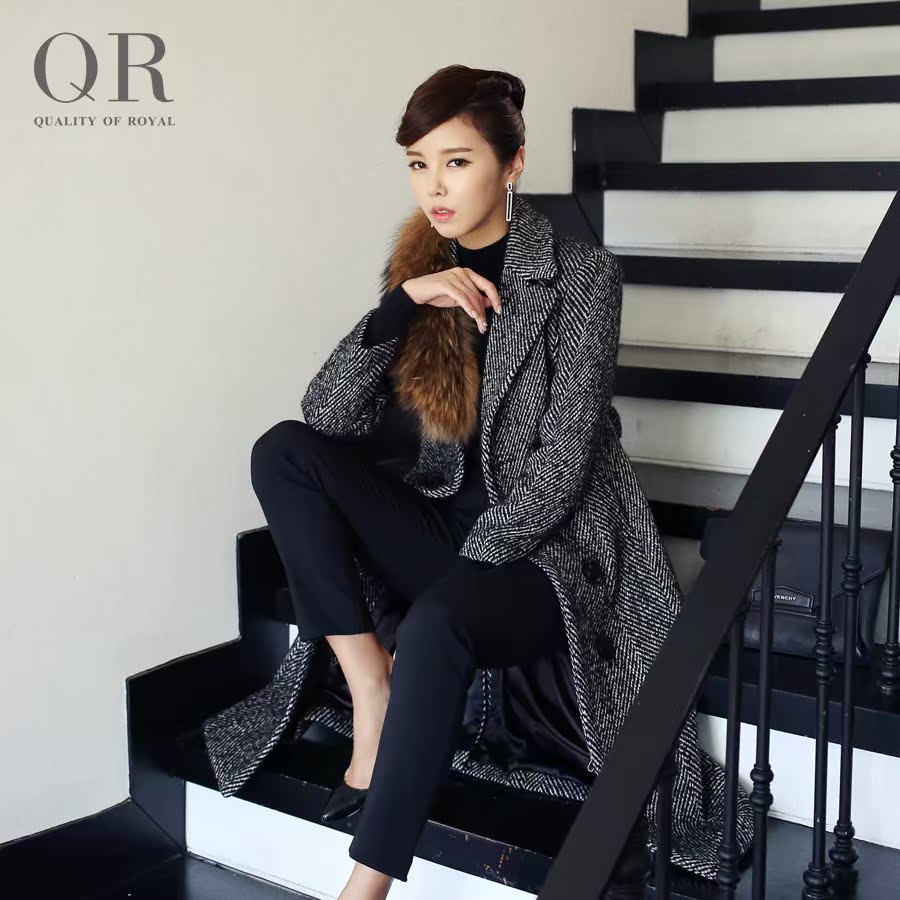 QR2015秋冬新款韩版大衣修身毛呢呢子女装外套中长款羊毛呢女风衣