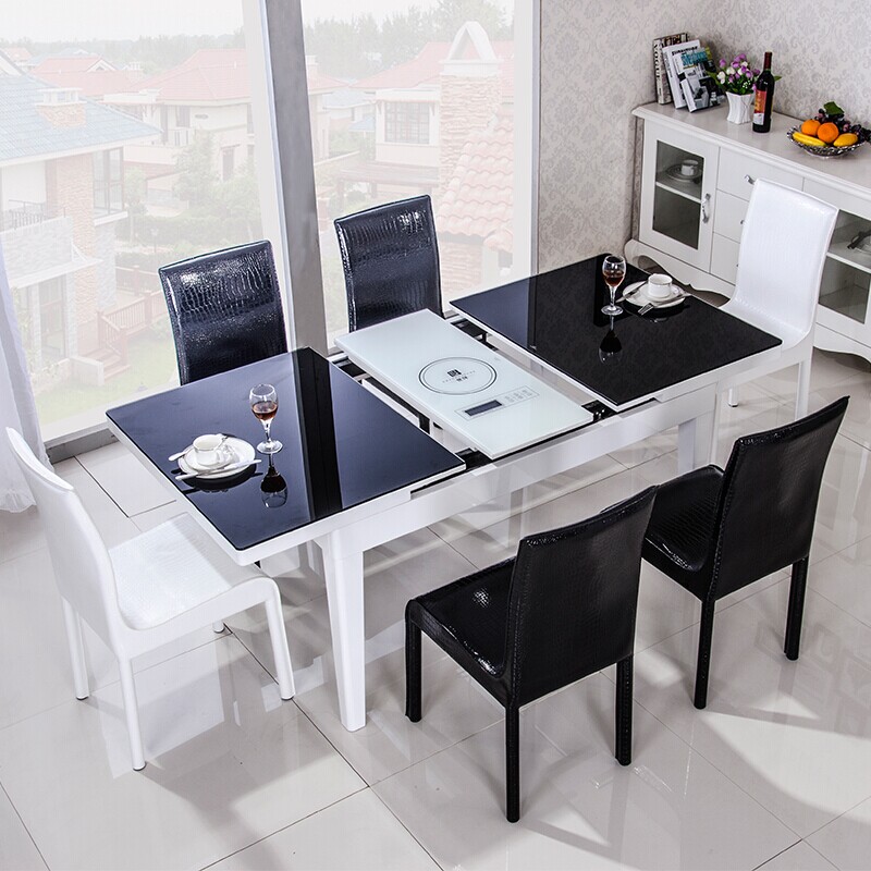 简约现代钢化玻璃实木可拉伸缩电磁炉餐桌椅组合6人长方形小户型