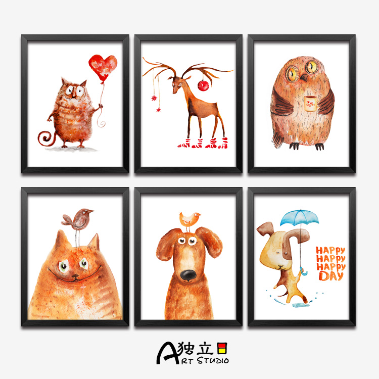 儿童房卡通动物手绘装饰画客厅现代个性猫狗挂画幼儿园女孩墙壁画