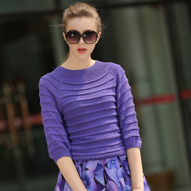 欧美新款女大牌紫色时尚中袖七分袖针织打底衫毛衣罩衫外套女 袖