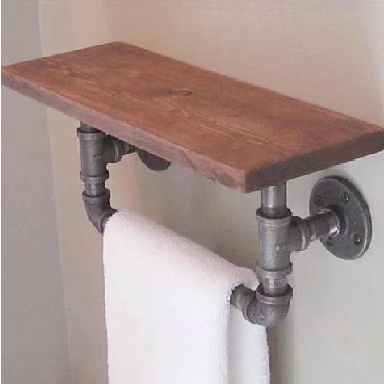 特价复古铁艺实木水管置物架壁挂墙上 浴室毛巾架实木搁板收纳架