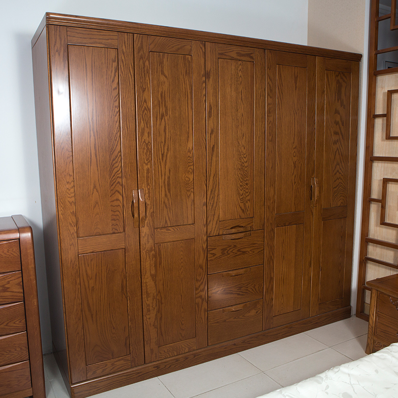 龙慧全实木橡木现代中式衣橱 五门衣柜组合推拉卧室柜厂家直销