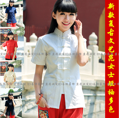 中式中国风民族风纯棉唐装改良盘扣女上衣女士短袖夏装汉服女衬衫