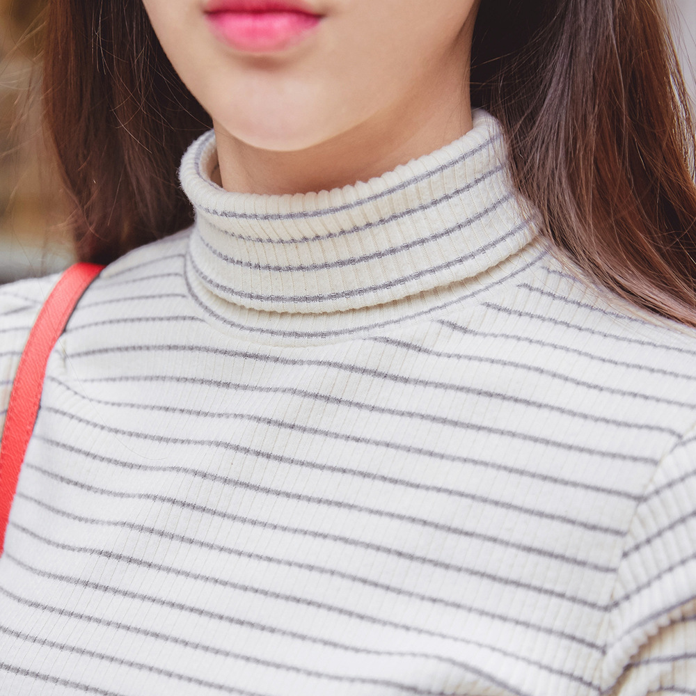 2015秋冬新款韩版针织衫高领条纹长袖毛衣纯棉打底衫 毛衣女 毛线