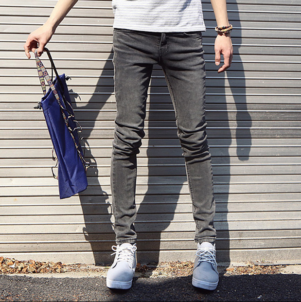 2016新款韩版暖灰色小脚裤男士潮流修身牛仔裤瘦版紧身铅笔男裤子