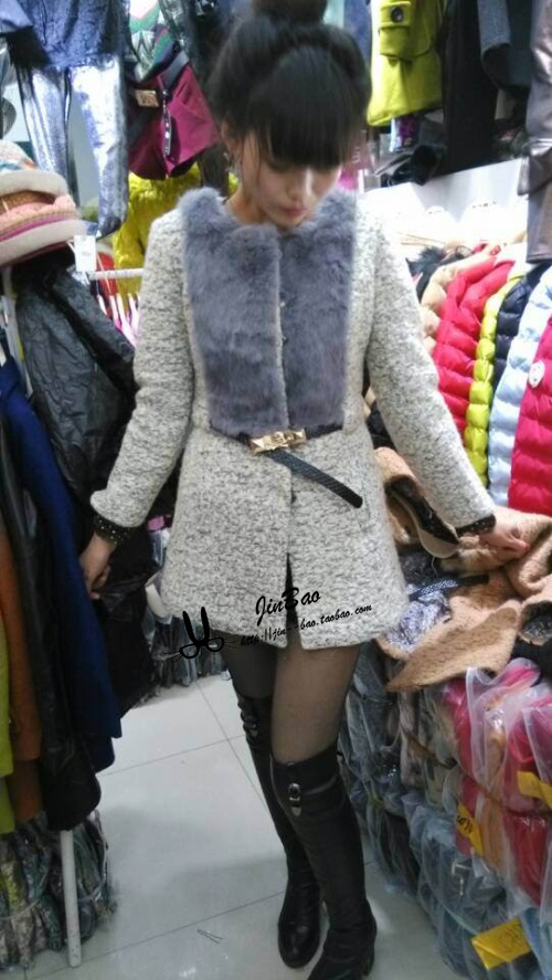 2014新款秋冬修身毛呢外套韩版皮草拼接腰带时尚呢大衣女式外套