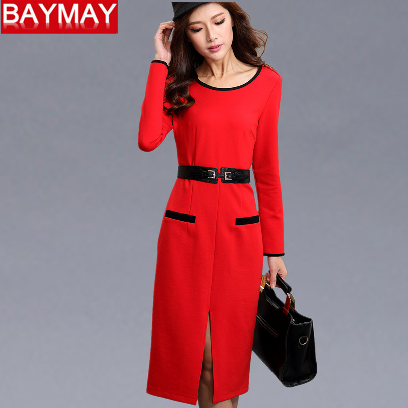 品牌女装新款A字裙修身显瘦大码长袖系带中长款秋冬季红色连裙女