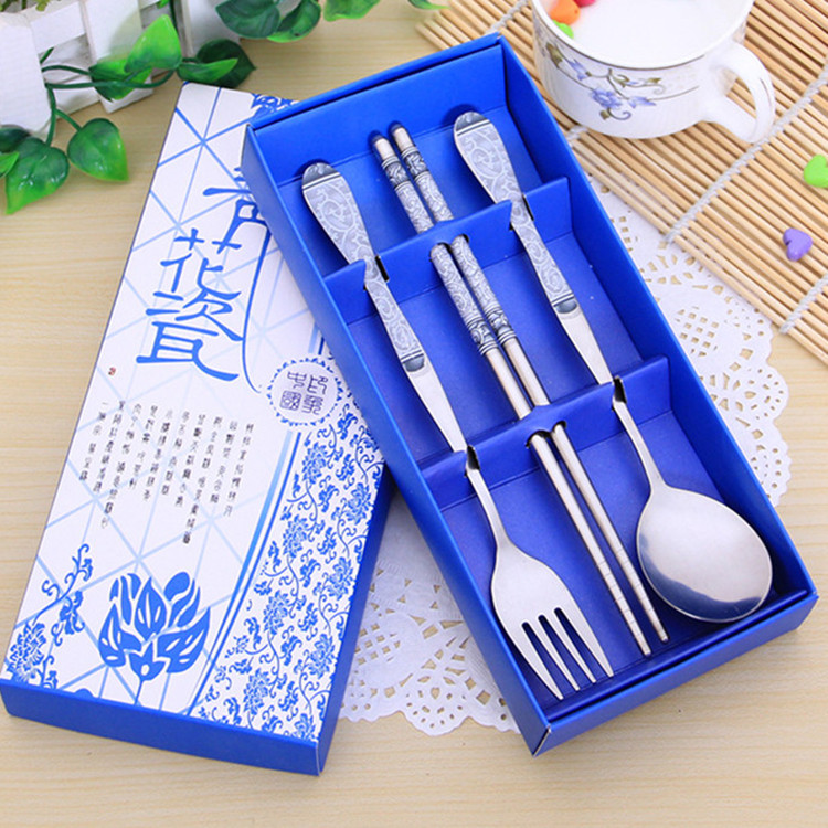 新款勺叉筷青花瓷三件套餐具套装结婚满月回礼节日礼品不锈钢餐具
