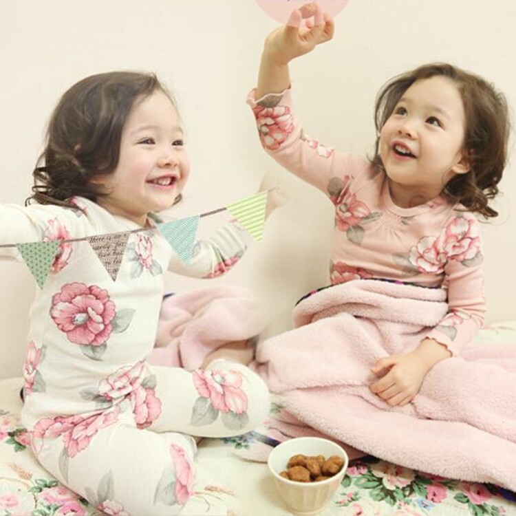 2014韩版秋冬新款女童纯棉花朵家居服儿童加厚打底衫睡衣套装包邮