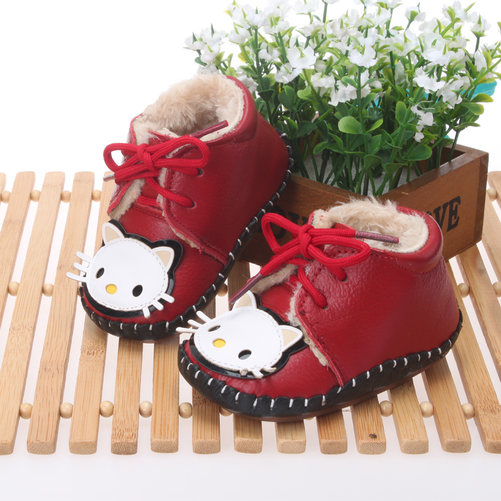 0-1-2岁冬婴儿鞋宝宝学步鞋子真皮宝宝软底防滑鞋棉鞋 绑鞋带卡通
