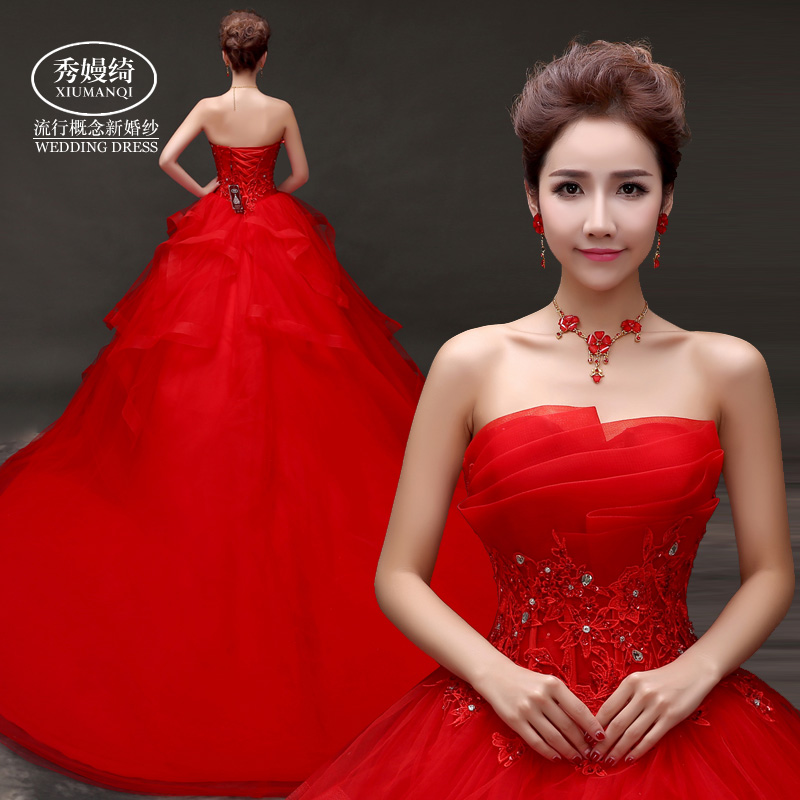 新娘婚纱礼服2016新款秋季抹胸蕾丝显瘦结婚红色拖尾齐地韩式大码