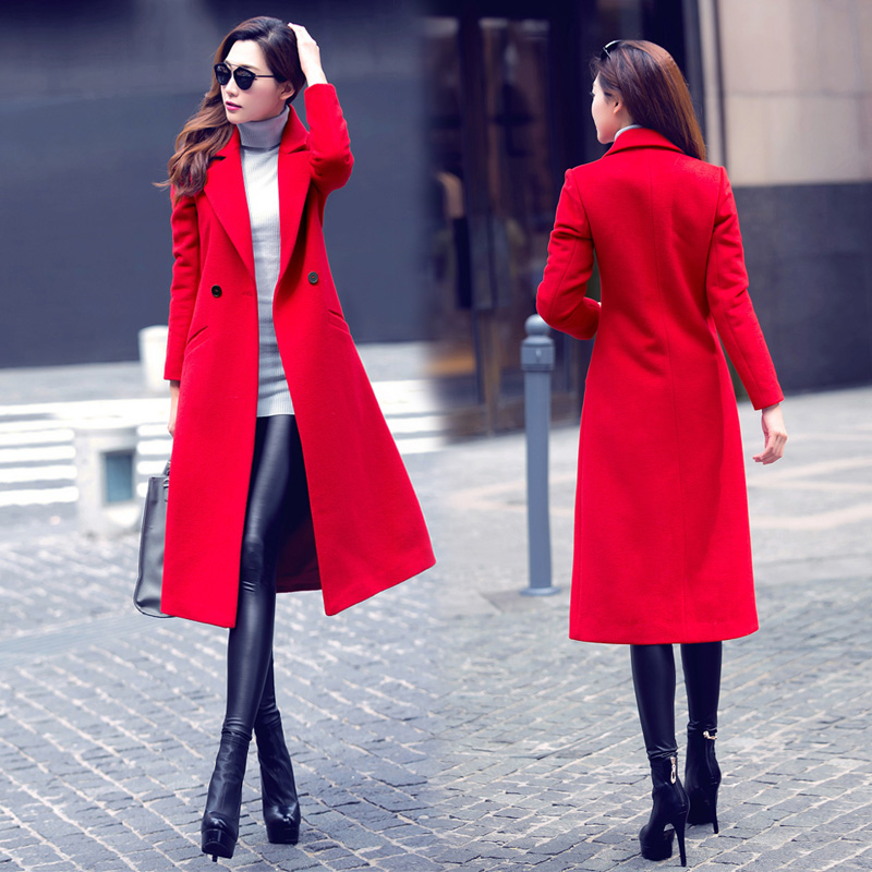 红色毛呢大衣秋冬女装2016新款韩版修身超长款呢子显瘦加厚外套女