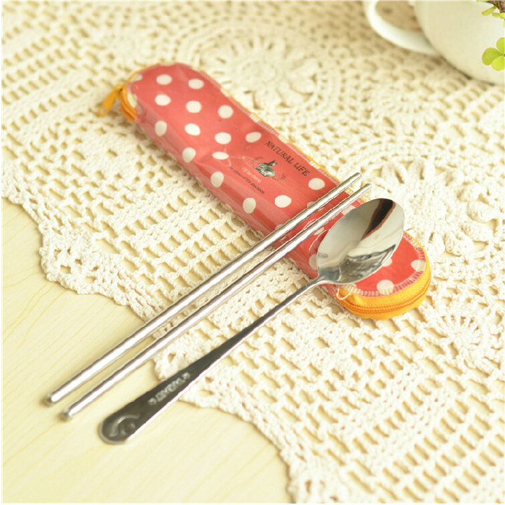 包邮 韩国 不锈钢 便携易带筷子汤匙勺子普拉餐具套装PVC袋装餐具