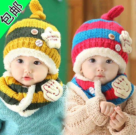 新款套装 女婴儿帽子儿童毛线帽子 宝宝帽子围巾两件套秋冬公主