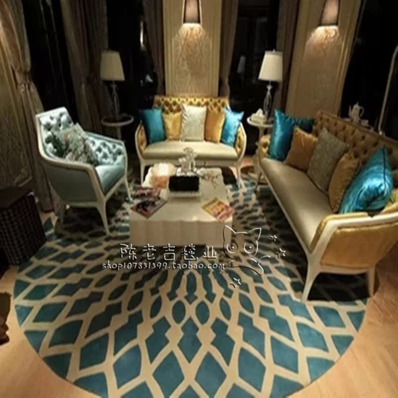 欧式现代浅蓝色圆形地毯卧室客厅书房茶几售楼处定制手工腈纶地毯