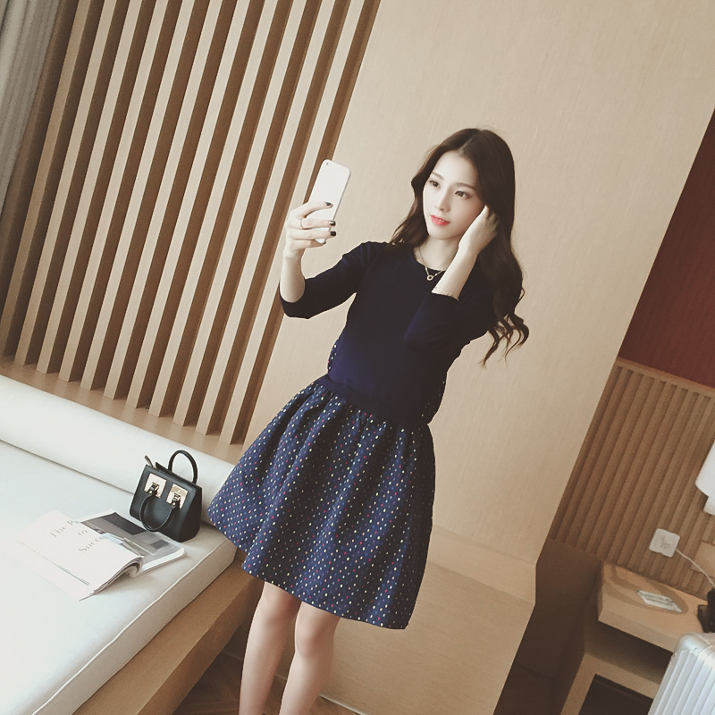 2015秋装新款韩版女装拼接针织圆领七分袖修身显瘦A字长袖连衣裙