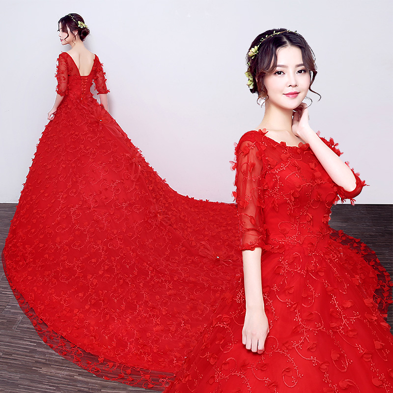 婚纱礼服新娘一字肩蕾丝修身齐地韩式新款2016秋季长拖尾红色大码