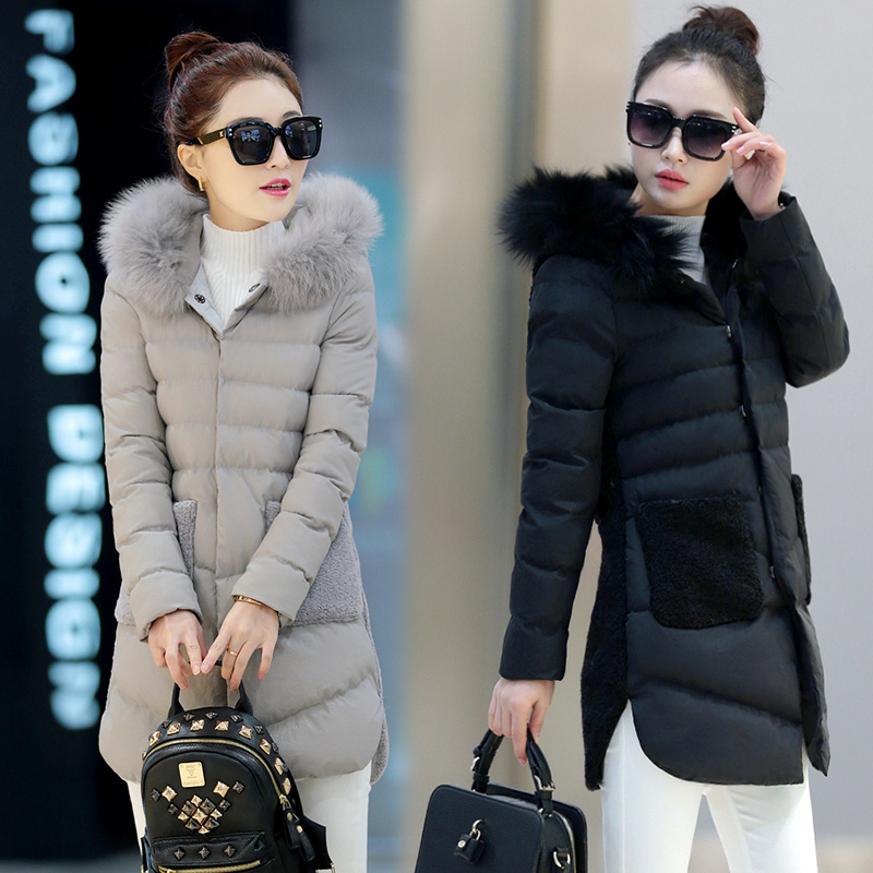 12月7号上新 韩版修身时尚拼接中长款棉衣带毛领棉服女棉袄外套