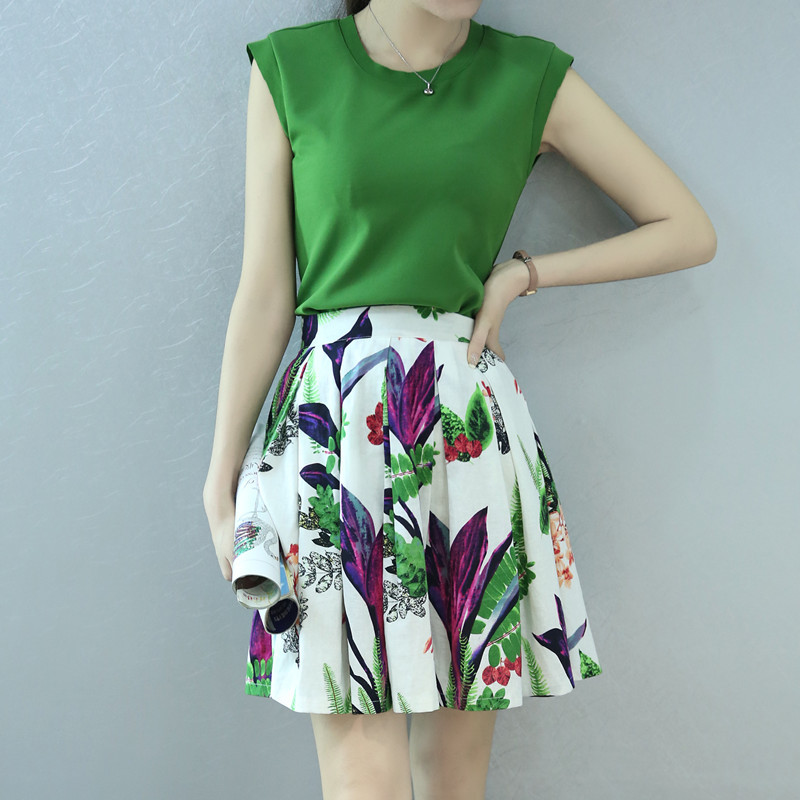 2015夏装新款韩版无袖背心t恤印花半身裙上下两件套棉麻套装裙女