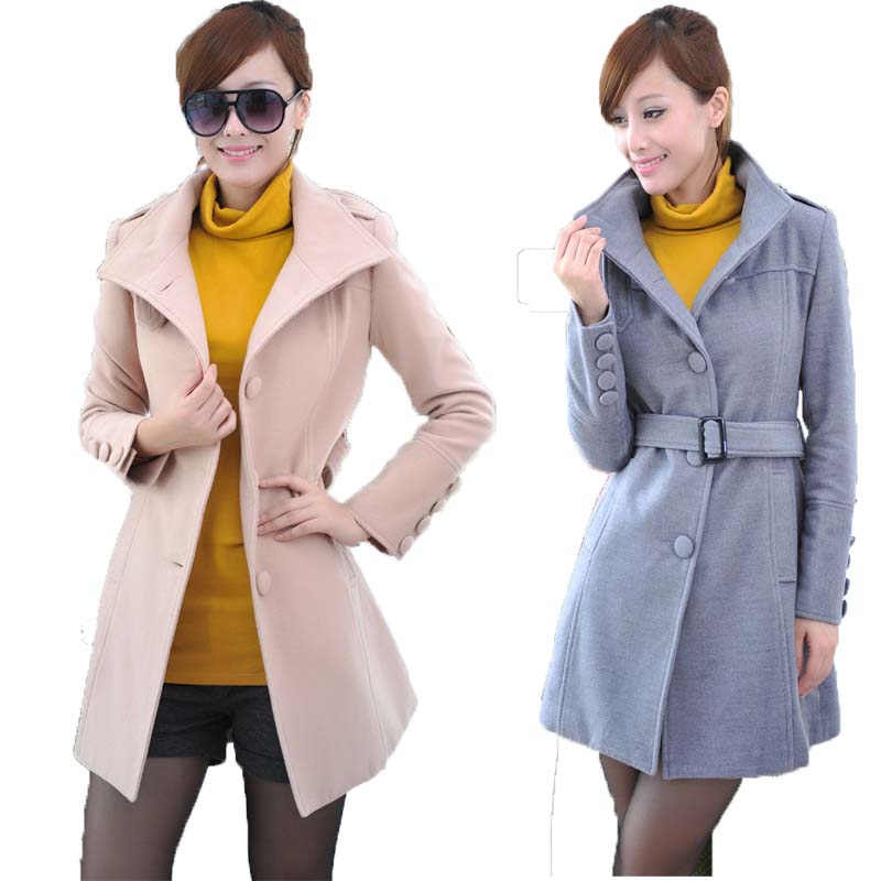 2015秋冬新款韩版女装修身时尚大衣中长款毛呢外套单排扣长袖风衣
