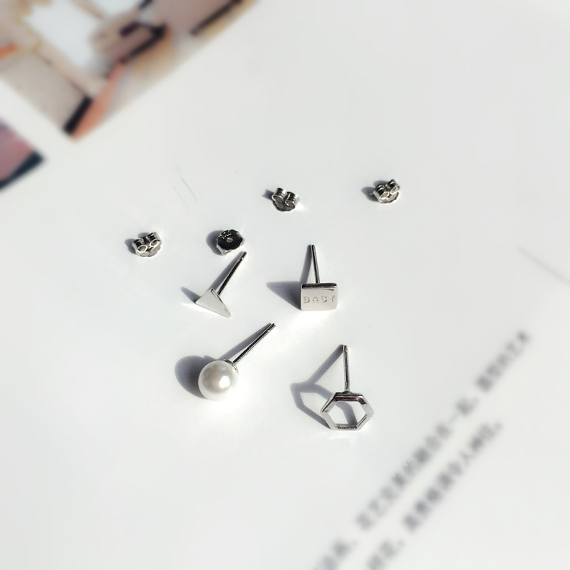 Chrysalis 925纯银气质耳环女韩版baby耳钉珍珠几何三角四件包邮