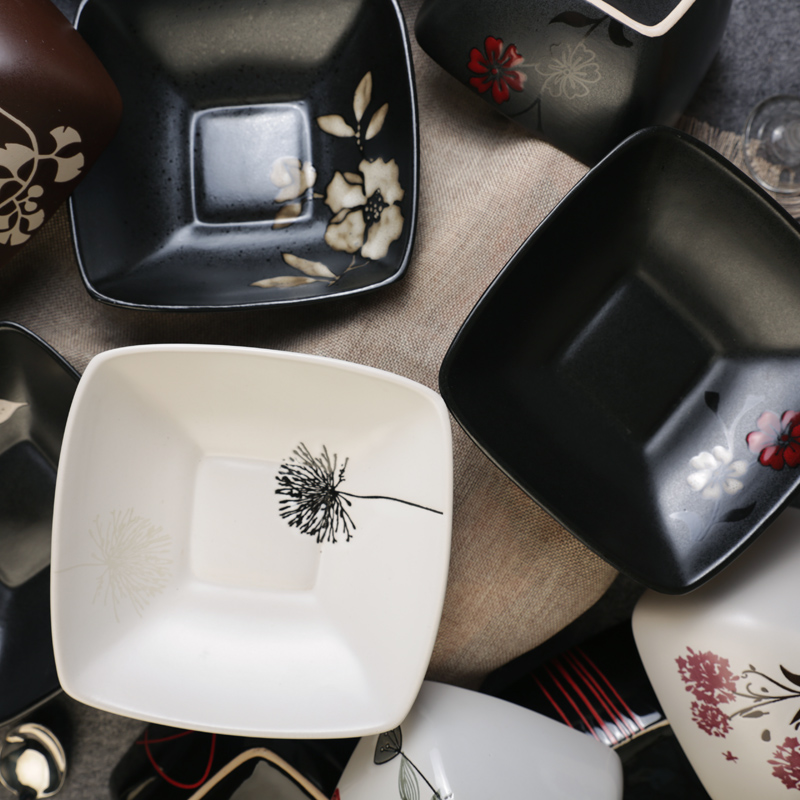 手绘陶瓷方形碗 创意家用四方碗 日式汤面大碗泡面碗个性陶瓷餐具