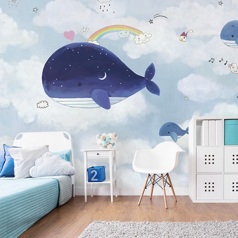 简约儿童房卡通鲸鱼墙纸卧室幼儿园背景墙壁纸手绘3d云彩大型壁画