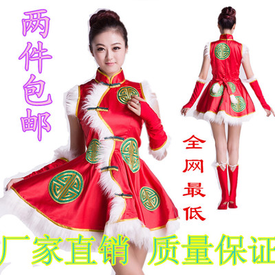 2015开门红民族秧歌舞蹈腰鼓服装中国娃演出服红色喜庆女裙礼服