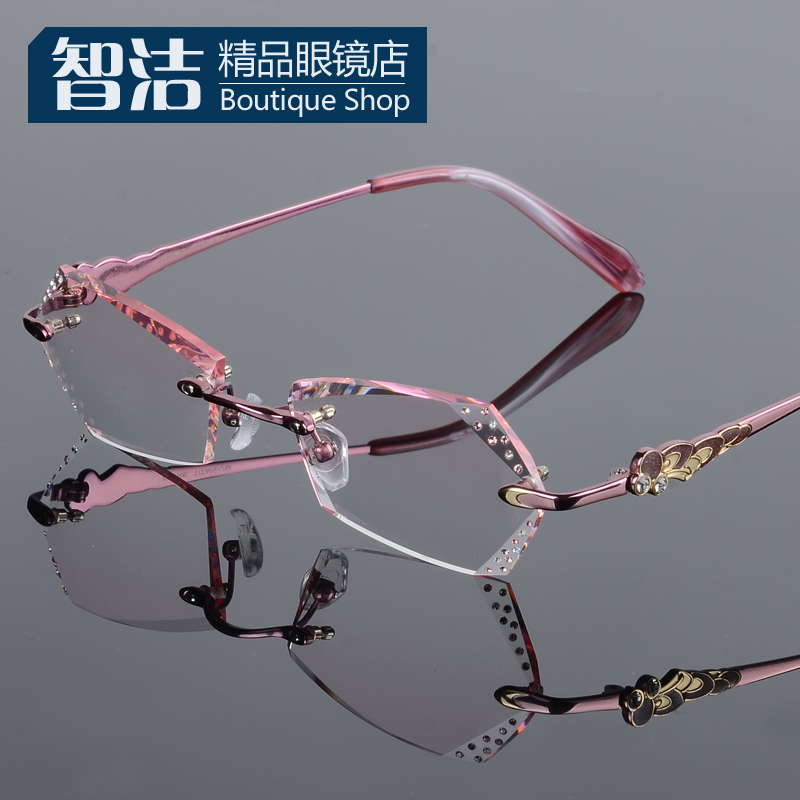 钻石切边眼镜 镶钻 女款无框近视眼镜 渐变色镜片 配成品近视眼镜