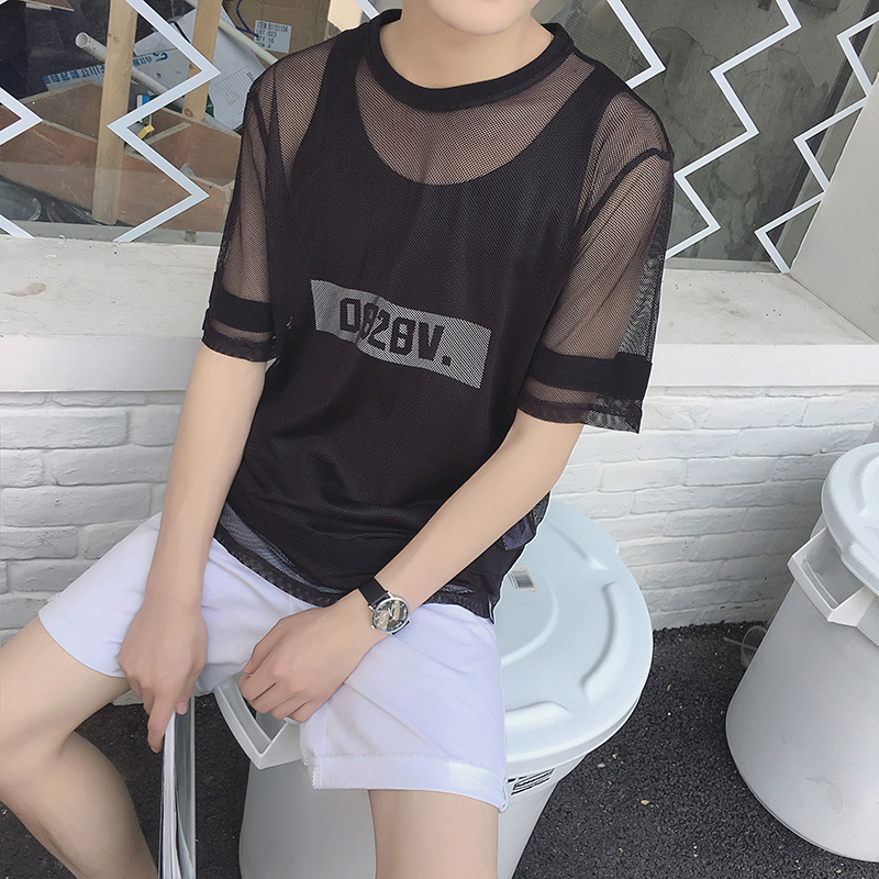 夏季韩版修身超薄圆领t恤衫男半透明网纱短袖上衣服夜店发型师潮
