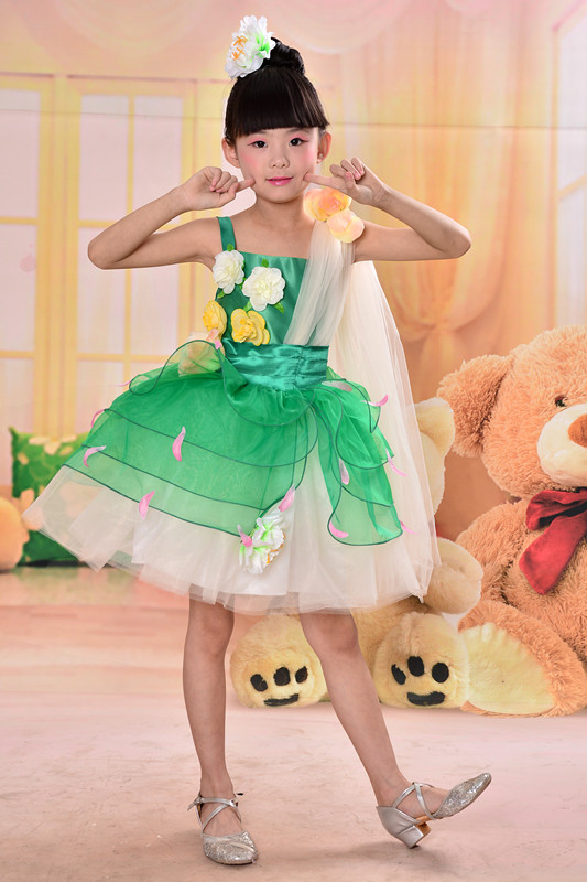 新款童装女童连衣裙儿童礼服公主裙夏装表演服蓬蓬纱裙幼儿舞蹈绿