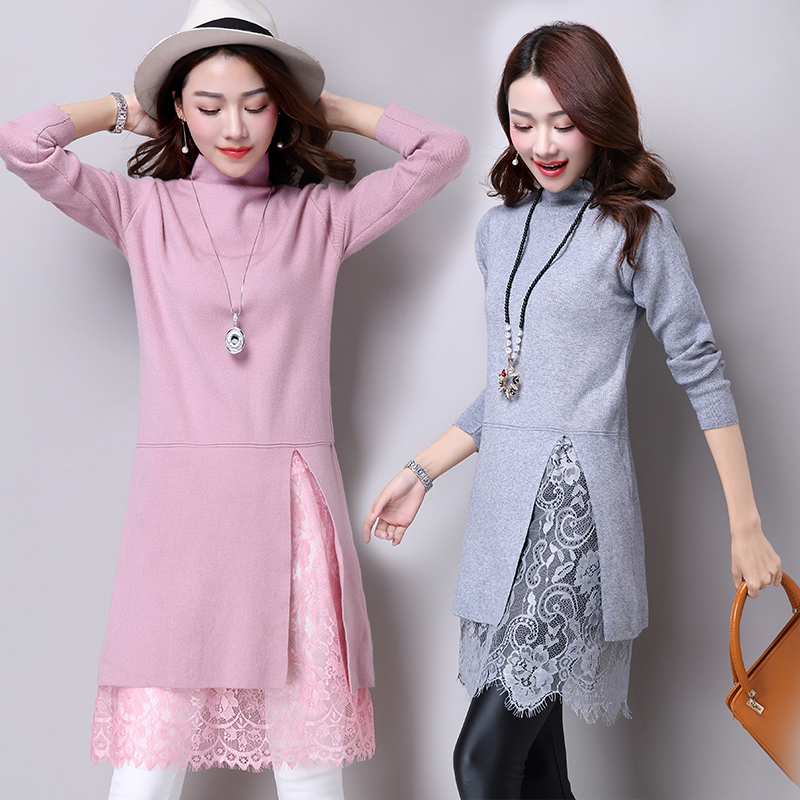 2015韩版中长款针织连衣裙拼接蕾丝毛衣女假两件高领套头打底衫潮