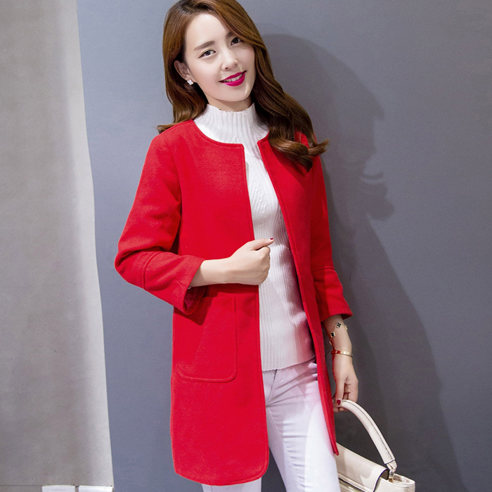 2016春冬新款韩版修身红色中长款毛呢外套女气质时尚大气毛呢大衣