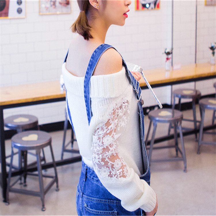 2015秋新款韩版女装露肩蕾丝拼接毛衣套头一字领长袖打底衫针织衫