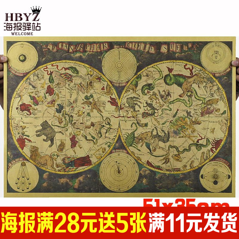 1680年黄道12宫古老星座地图 天文星图 复古牛皮纸海报无框装饰画