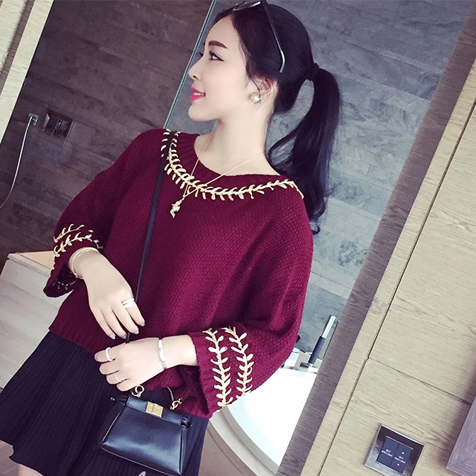 2015韩版秋冬新款针织衫圆领套头毛衣女打底衫喇叭袖短款宽松外套