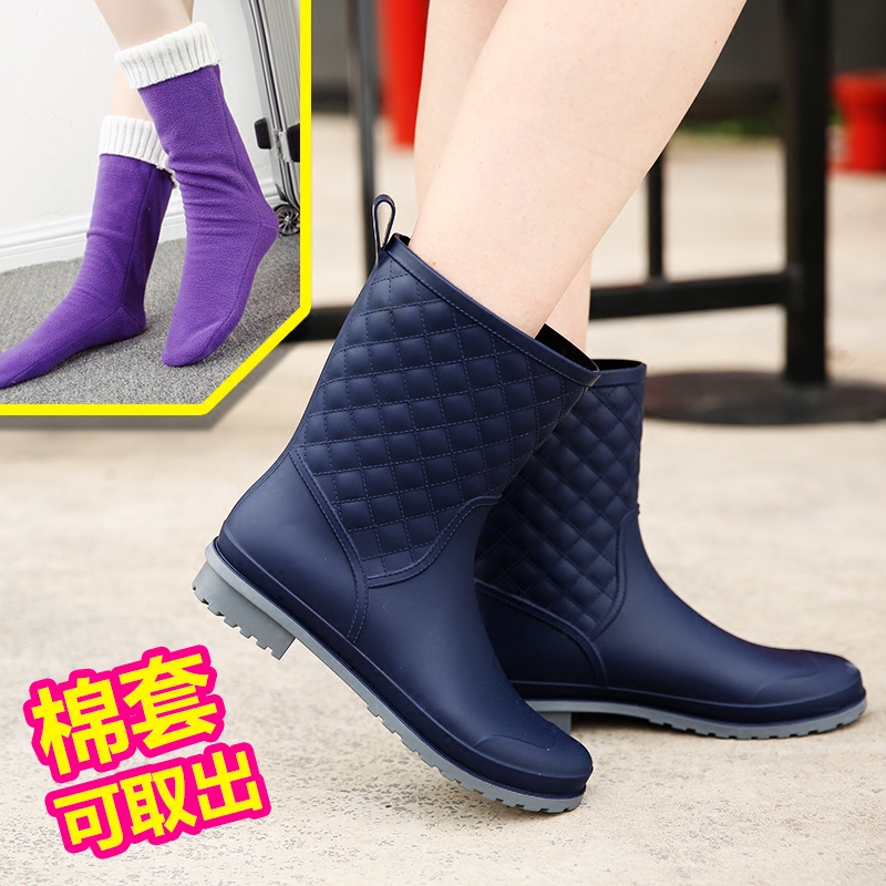 春秋女士中筒雨鞋成人保暖加绒水靴防滑水鞋胶鞋韩国女式平跟雨靴