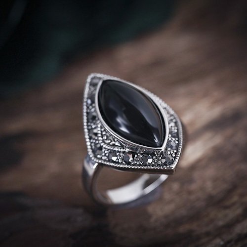 欧美复古民族风特色泰银工艺黑玛瑙黑宝石镶钻戒指女百搭时尚中指