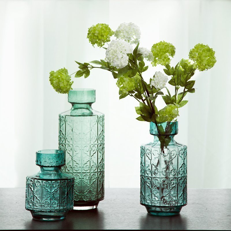 美式乡村浮雕玻璃花瓶彩色大客厅落地插花花器小口绿色花瓶马德里