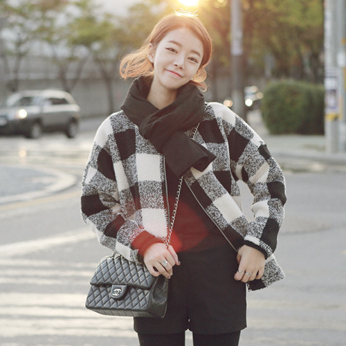 2016冬季新款韩版格纹气质女外套黑白格子毛呢风衣女简约呢子外衣