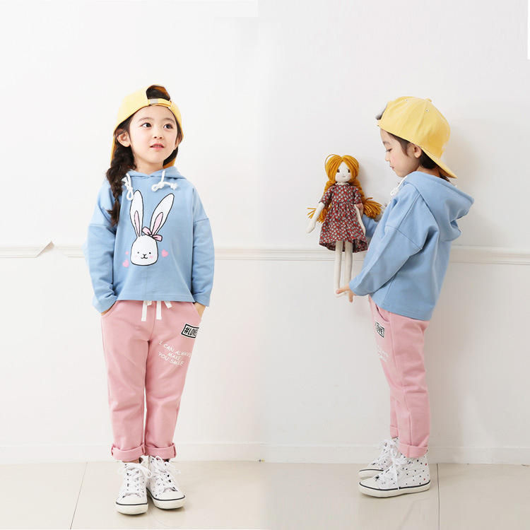 2016新款女童韩版兔子印花连帽卫衣+长裤套装2件套休闲套装