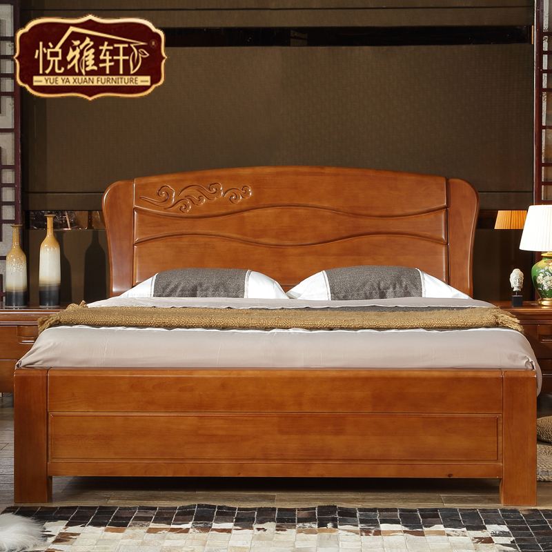 悦雅轩橡木全实木简约现代中式双人床，1.8米气压杆储物高箱大床