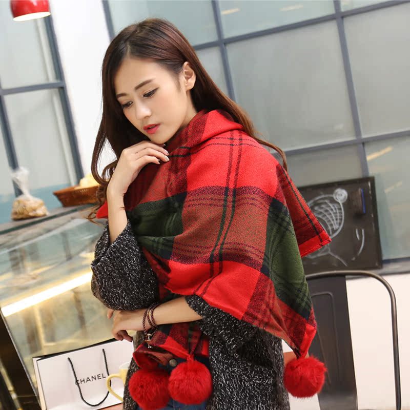 韩版女士围巾女冬季羊绒女式围巾长款毛球围脖英伦格子披肩围巾潮