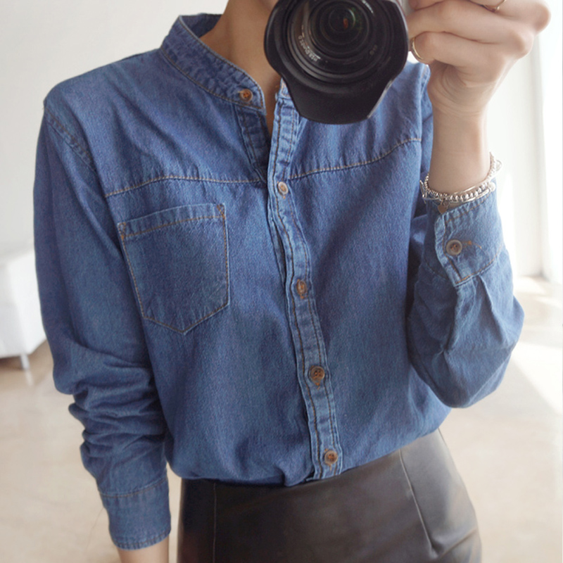 2016韩版百搭修身显瘦长袖简洁小立领水洗蓝色牛仔衬衫女