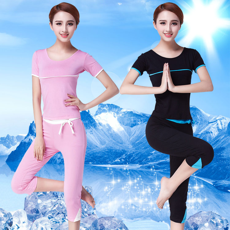 秋夏季瑜伽服套装大码 长袖七分裤莫代尔显瘦运动健身舞蹈服装女