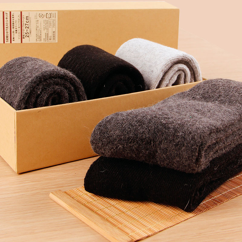 3双礼盒装 超厚保暖中筒袜子 冬天男袜 毛绒兔羊毛袜子加厚加绒
