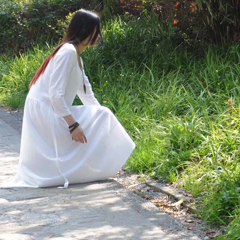 2015春装亚麻女装新款森女白色圆领中袖连衣裙文艺范气质棉麻长裙
