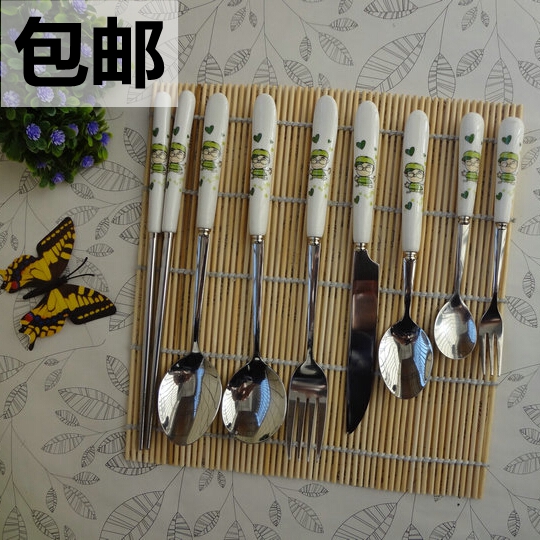 一家四口吃饭勺筷子刀叉勺子 陶瓷手柄创意咖啡勺吃饭调羹小叉