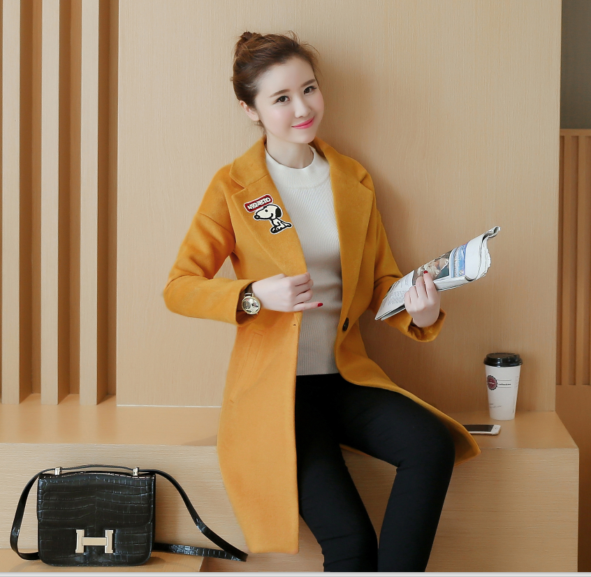 2016秋冬季新款韩版直筒中长款纯色贴布时尚毛呢长袖外套大衣女装